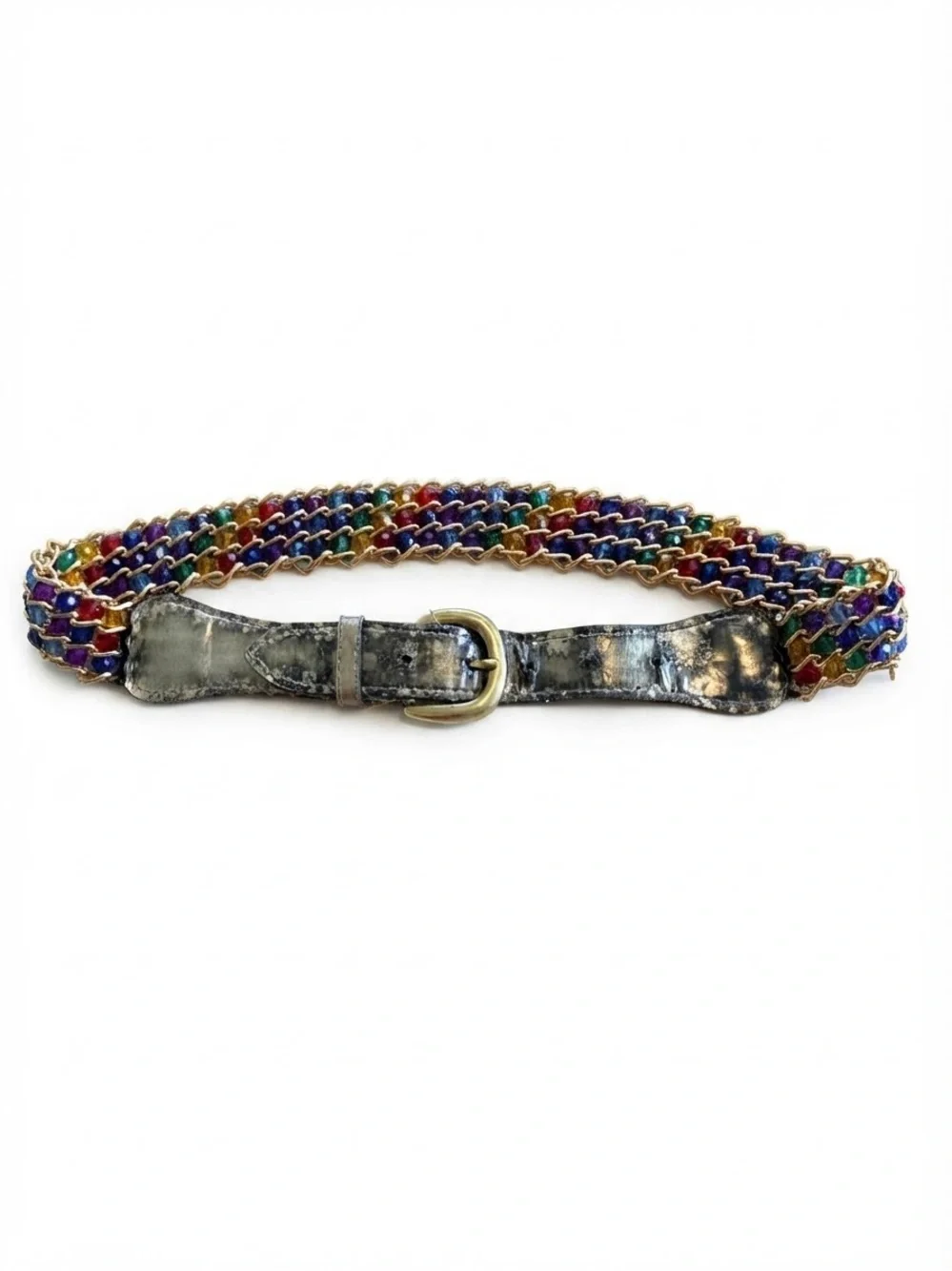 Y2K VTG Colorful Beaded Avant Garde chain Link Belt Metallic Leather Closure